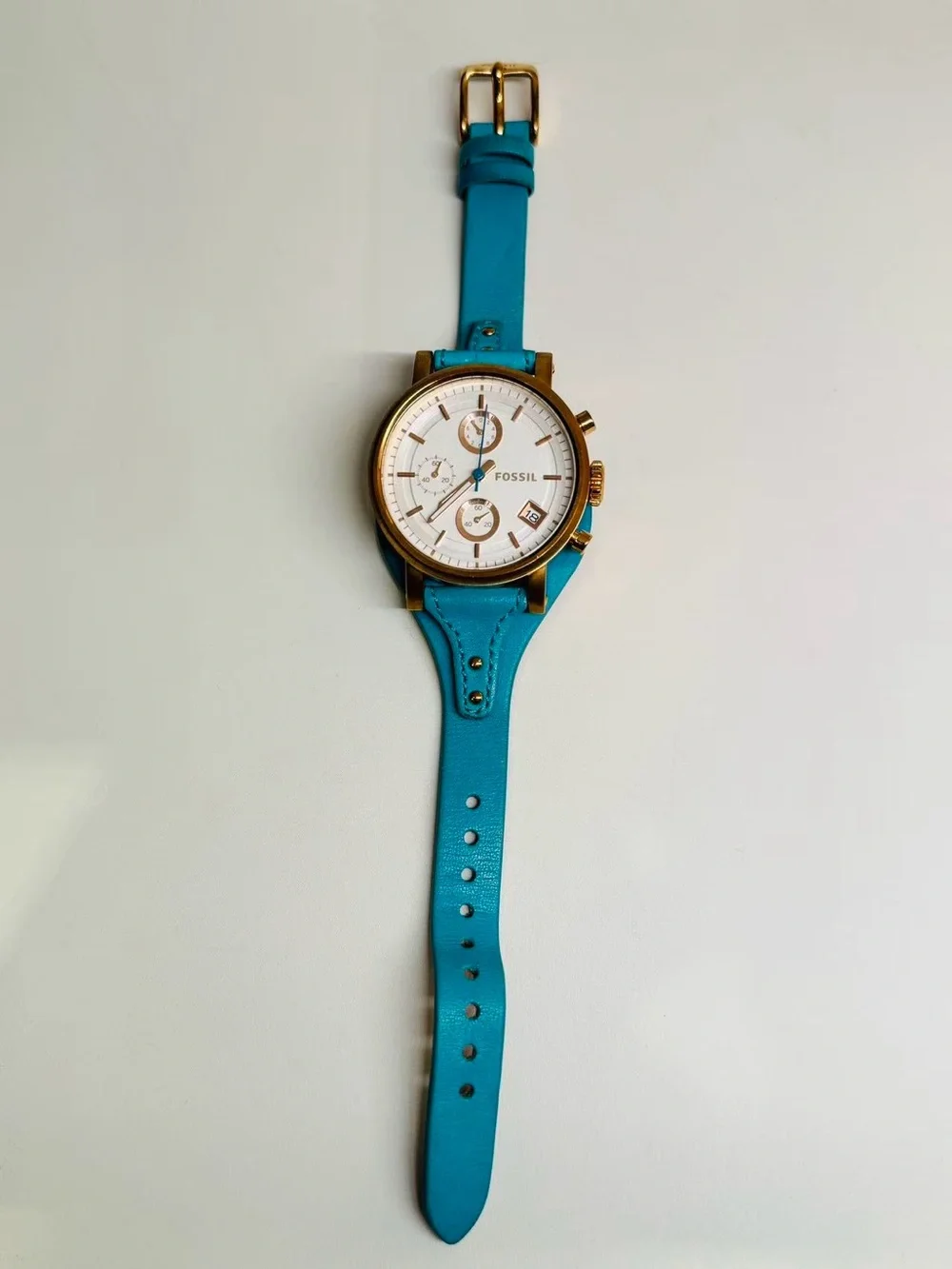 Fossil Women Quartz Chronograph Watch Gold Tone 38mm White Dial New Battery Runs